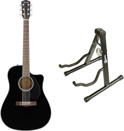 Fender, Gitarre CD-60SCE Schwarz, 0970113006 & Rockjam Universal Tragbarer A-Frame-Gitarrenständer für Akustikgitarre, E-Gitarre & Bassgitarre