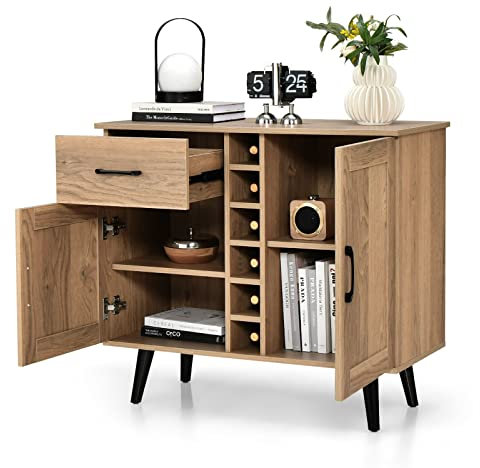 GOPLUS Sideboard Küche, Buffetschrank mit 6 Flaschen Weinregal, Aufbewahrungsschrank mit Schublade, Küchenschrank Natur für Wohnzimmer & Esszimmer, 90 x 40 x 79 cm