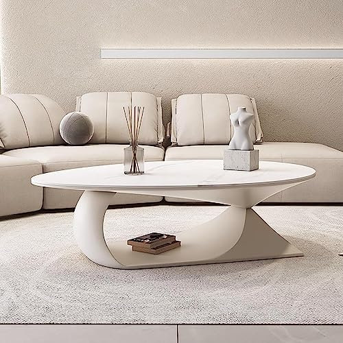 WestUx Moderner minimalistisch geformter Couchtisch, cremefarbener Massivholz-Mitteltisch Mid-Century End Table mit Holzsockel für Wohnzimmer,B,120x80x38cm(47x31x15inch)