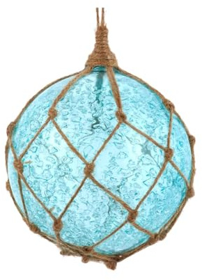 The Bridge Collection Blue Glass Buoy Style Ball Ornament - Glass Ball in Rope Buoy Ornament for Holiday Decor - Macrame Rope Fishing Float Christmas Ornament