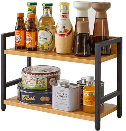 IBUYKE 2-Tier Spice Rack Industrial Counter Shelf Desktop Storage Organizer Standing Seasoning Rack for Countertop Kitchen Office Living Room Desktop Natural TLJ002N