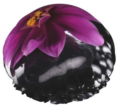 OUSIKA Shower Cap Reusable Bath Caps for Women Long Hair Double Layer Waterproof Hair Caps Purple Flower with Black Stone Elastic Shower Hat Hair Protector for Ladies Spa Salon
