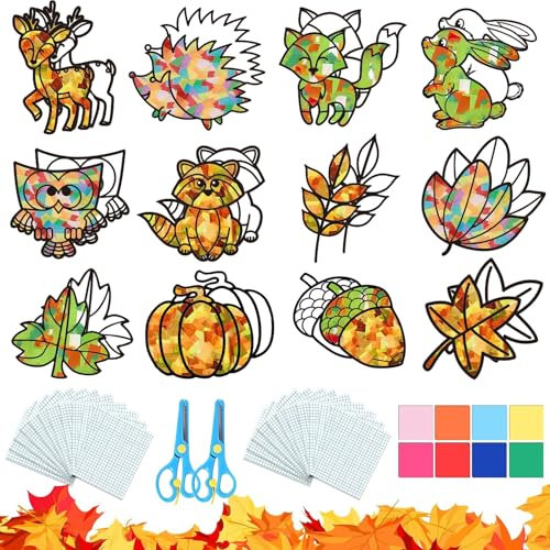 Herbst Basteln Kinder,24 Stück Herbst Bastelset,Herbstdeko Fenster Aufkleber,Herbst Basteln für Kinder,Kreativsets und Bastelbedarf, DIY Bastelset Blätter Deko Kinder Geschenk für Halloween