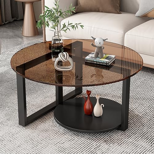Moderna mesa de centro de cristal con estante de almacenamiento, diseño redondo de 2 niveles para sala de estar u oficina, mesa central de vidrio templado en color marrón (80 x 45 cm)
