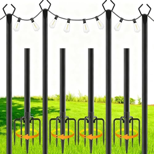 TINMAGI Juego de 4 Postes de Luz de Metal de 3m/10 pies, Postes Metalicos de Iluminación con Tenedor para Guirnaldas Luminosas Exteriores, para Exteriores, Patios, Terrazas, Jardines, Fiestas, Bodas