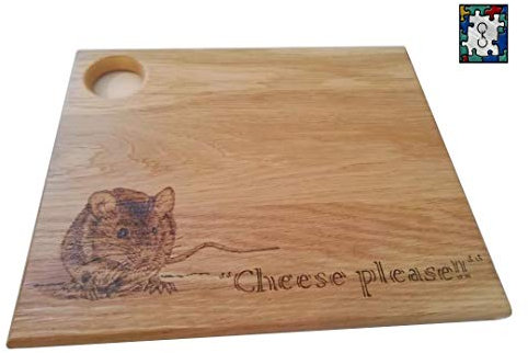Handmade solid oak cheese board with mouse pyrography art - Medium