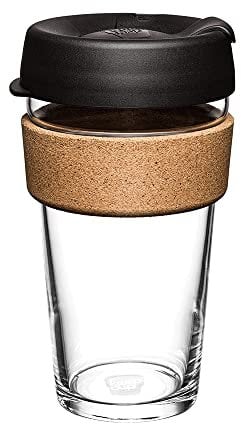 KeepCup Reusable Coffee Cup - Brew Tempered Glass and Natural Cork, L 16oz/454ml - Black