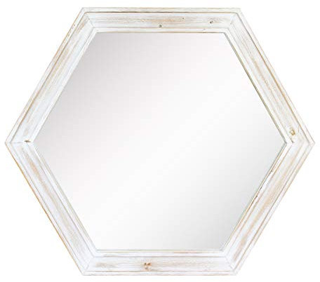 Stonebriar Miroir Mural Hexagonal décoratif à Suspendre avec Cadre en Bois Peint en Blanc usé et Support de Suspension attaché 61 cm