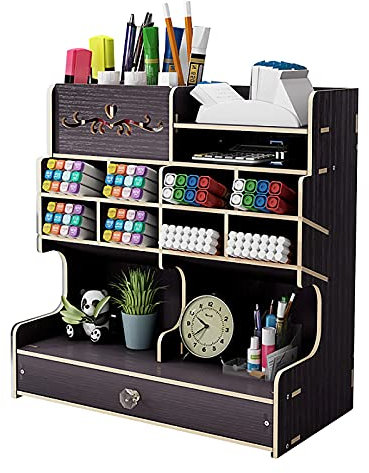 Hggzeg Schreibtisch-Organizer aus Holz, Selbstmontage, Schublade, für Schreibwaren, Schreibtisch-Aufbewahrungsbox, Stifthalter für Zuhause, Büro und Schule, B18, Schwarz