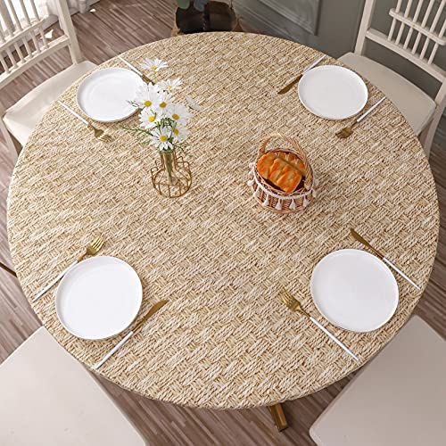 Runde Vinyl-Tischdecke mit Flanell-Rückseite, elastische Kante, Tischdecke, wasserdicht, öldicht, PVC, schmutzabweisend, abwischbar, für runden Tisch