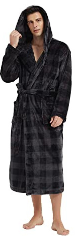 Vulcanodon Mens Robe with Hood, Fleece Bathrobe Plush Robes for Men(Buffalo Plaid-Grey,S/M)