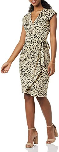Amazon Essentials Women's Classic Cap Sleeve Wrap Dress (Available in Plus Sizes), Tan Animal Print, L