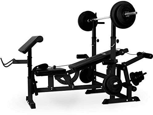 Klarfit Workout Hero 3000 Hantelbank, Power Station mit Schräg- und Flachbank, Hantelbank mit Gewichten, Fitnessgeräte für Zuhause, Home-Gym Kraftstation mit Langhantel & Beinpresse, 280 kg Belastung