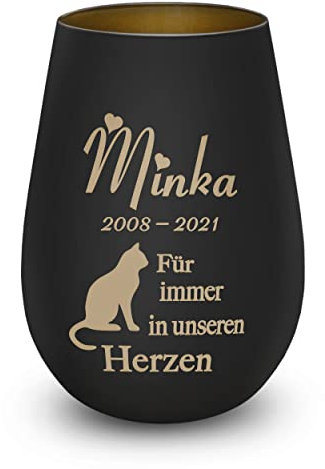 Trauerlicht Gedenklicht Andenken Windlicht Trauergeschenk Tod Erinnerung Teelichtglas Grablicht Kistallglas schwarz Katze mit Gravur Name und Datum