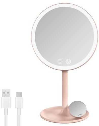 EMKE Kosmetikspiegel mit Beleuchtung Wiederaufladbarer Tischspiegel Schminkspiegel 1/3x Vergrößerung, Touchschalter und Memory-Funktion, Automatische Abschaltung(Rosa)