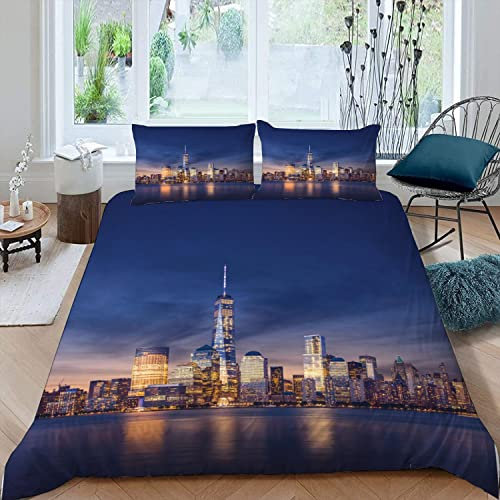 RFFLUX Bettbezug New York, 140 x 200 cm, 3-teilig, ultraweich, 3D-Stadtlandschaft, Bettwäsche aus Mikrofaser, mit Reißverschluss, Kinder, Jungen, Mädchen, mit 2 Kissenbezügen, 50 x 75 cm