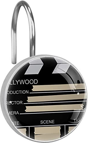 12 Packungen dekorative Duschvorhanghaken, Edelstahl Duschhaken Ringe für Badezimmer, Duschvorhang Ringe Aufhänger Retro Schwarz Movie Clapboard