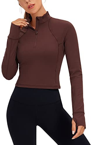 CRZ YOGA Damen Butterluxe 1/2 Reißverschluss Langarmshirt Sport Pullover Crop Oberteile Fitness Gym Running Sweatshirt mit Daumenloch Taupe 36
