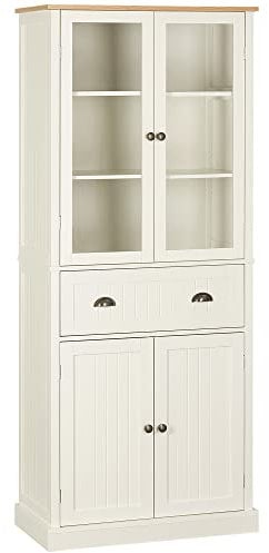 HOMCOM Alacena de Cocina Despensa Armario de Cocina con 2 Puertas de Vidrio 1 Cajón y Baldas Ajustables Aparador para Comedor Salón 76x40x182,5 cm Crema
