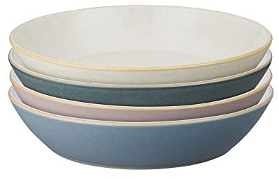 Denby - Impression Mixed Colour Pasta Bowls Set of 4 - Dishwasher Microwave Safe Crockery - Blue, Pink, Cream, Black Ceramic Stoneware Tableware