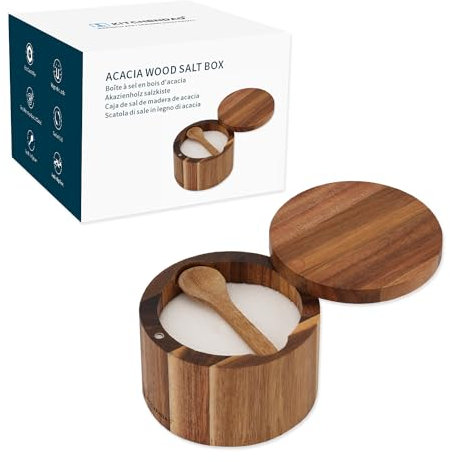 KITCHENDAO Acacia Wood Salt Cellar Bowl Box with Built-in Spoon, Elegant Kitchen Salt Container Holder with Swivel Magnetic Lid to Storage Pepper Spice Bath Salt Sea Salt, 6OZ