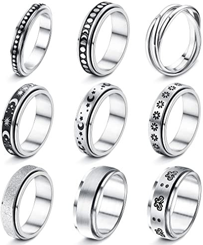 KALVICA 9 Stück Edelstahl Ringe für Dame Herren Spinner Ringe Silber Matt Finish Poliert Band Ringe Fidget Anxiety Ringe Moon Star Ehering Verlobungsringe Vintage Unisex Ring 49-62
