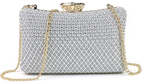 NICOLE & DORIS Damen Abendtasche Clutch Handtaschen Elegant Umhängetasche Kleine Kettentasche Glitzer Tasche für Hochzeit Party Freizeit Silber