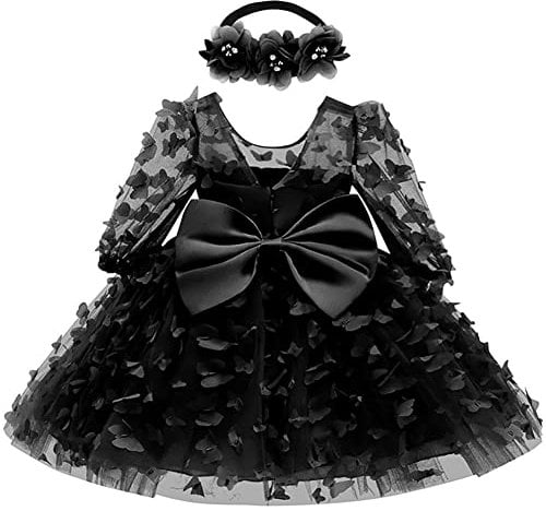 Baby Flower Girl Dress Toddler Wedding Birthday Party Cake Smash Baptism Christening Holiay Valentine's Day Bowknot Mesh Tulle Sheer Long Sleeve Dresses Black 6 Months