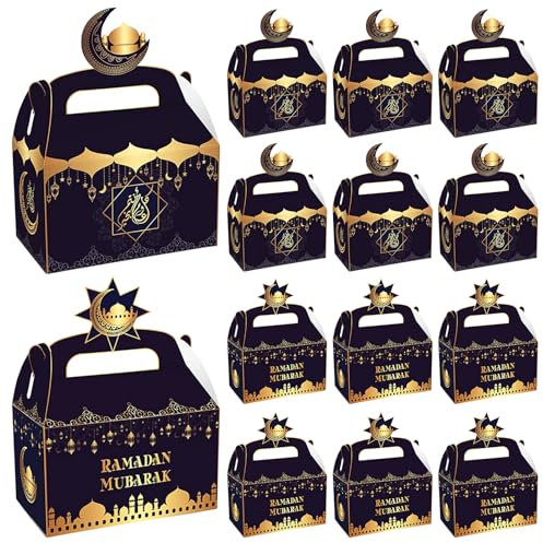 Eid Mubarak Geschenkboxen, 12 Stück Ramadan Geschenkschachteln, Geschenkboxen mit Griff, Eid Mubarak Geschenktüten zum Befüllen Geschenkverpackung für Kinder, für Eid al-Fitr Geschenk Verpackung (B)