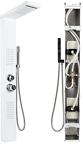MINGYI Colonne de Douche Hydromassante, avec Douchette et Pommeau, 4 Modes de Douche, Connecteur DIN Standard 1/2'' (Blanc, 15×130 cm)