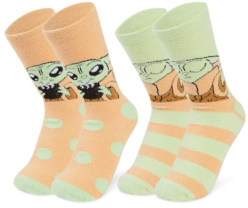 Disney Damen Socken, 2er Set Kuschelsocken Damen Flauschig mit ABS Mickey Minnie Baby Yoda Stitch (Mehrfarbig Baby Yoda)