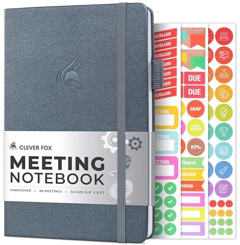 Clever Fox Meeting Notebook - Work & Business Organizer mit Notizen & Aktionspunkten - Notizblock für Projektmanagement & Meetings, A5 (Silber Schwarz)