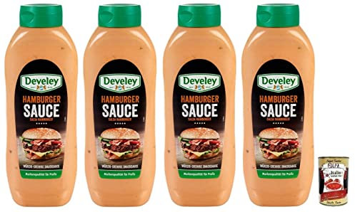 Develey - Salsa para hamburguesas (4 unidades, sin gluten, salsa de aperitivos, picante, salsa de hamburguesas, 875 ml, lata de 400 g)