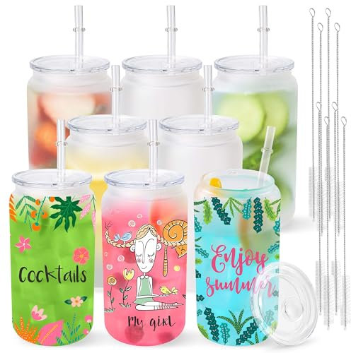 8 Pack Sublimation Glass Cups Blanks with Plastic Lid 16 OZ Frosted Glass Beer Cans Mason Jar for Iced Coffee Juice Soda Drinks