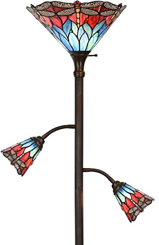 Bieye L30837 Lampadaire torchère en vitrail style Tiffany libellule avec lumières latérales pour la lecture, 70 pouces de haut (libellule, rouge bleu)