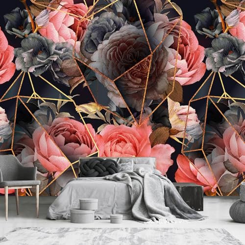 YQWDMX - Rosa Rose Blume und schwarz und gold geometrische Tapete für Schlafzimmer (nicht abziehen und aufkleben)