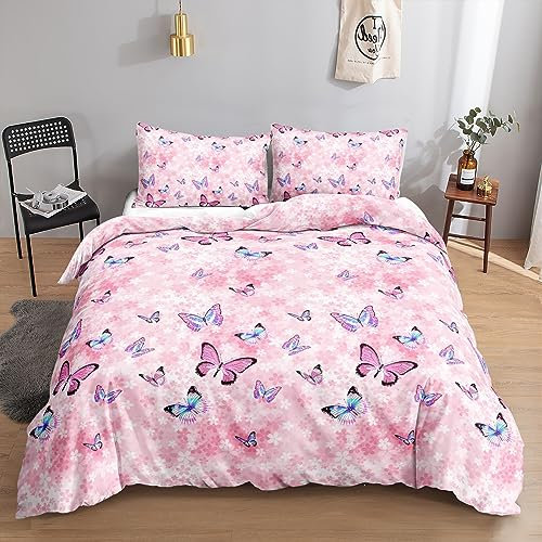 HOSIMA Schmetterlings-Bettwäsche-Set für Erwachsene, Jungen und Mädchen, Aquarell-Rosa-Schmetterlings-Karomuster, Bettbezug mit Kissenbezug (Rosa Schmetterling S)