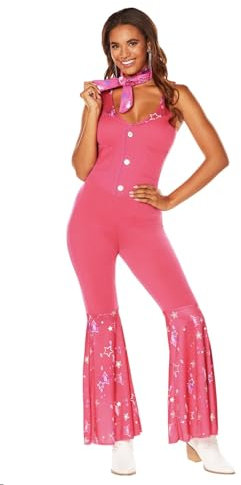 MIMIKRY 2-teiliges Country Western Barbie Damen Kostüm Pink Jumpsuit und Bandana Puppe Film Rodeo, Größe:M