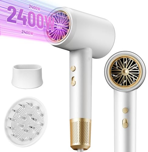 Haartrockner, professioneller Haartrockner, 2400 W Reise-Haartrockner, Stab und Diffusor, Konzentratoren mit negativer Ionentechnologie, 3 Geschwindigkeiten, 3 Wärme- und Kaltlufteinstellungen (Weiß)