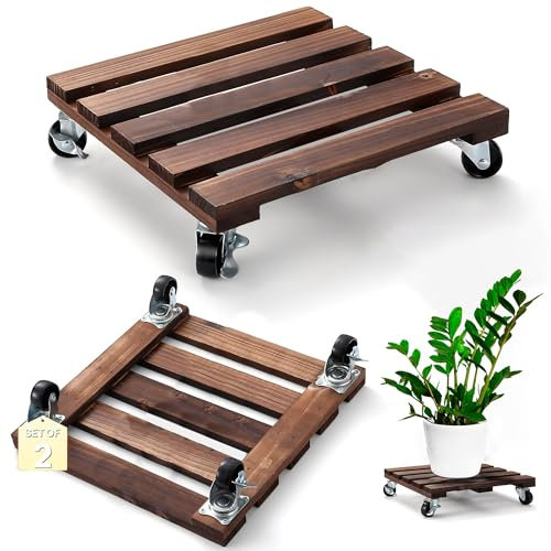 Bigingjia 2-Pack Plant Caddy with Lockable Wheels - Heavy Duty Rolling Wooden Plant Stand,Plant Dolly for Plant Pots Indoor Outdoor Garden