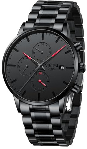 NIBOSI Montre analogique minimaliste pour homme - Cadran noir - Chronographe d'affaires - Montre à quartz militaire décontractée - Bracelet en acier inoxydable - Date, rouge, Bracelet