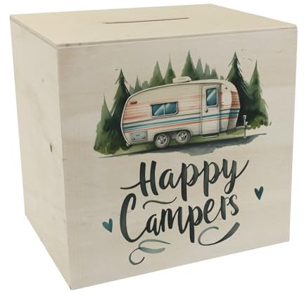 Happy Campers Wohnwagen Spardose aus Holz Hintergrund Natur Text Froh wie EIN Camper im Campingwagen-Design