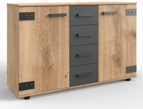 Lomadox Sideboard Anrichte Kommode Schrank 2 Türen 4 Schubladen Industrial Style Eiche mit Graphit 130x83x41 cm
