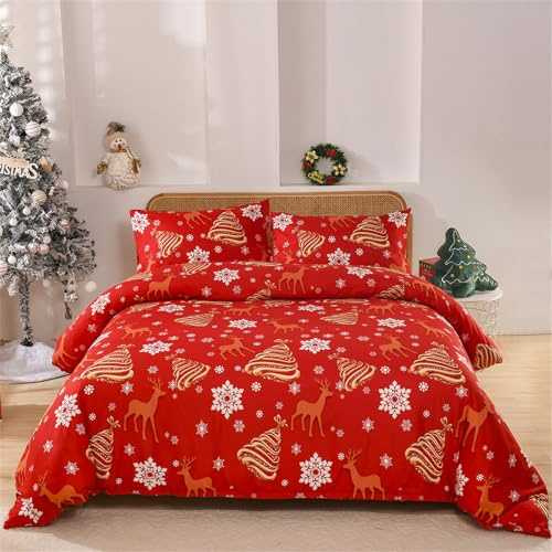 Gezu Weihnachten Bettwäsche 135x200cm Gold Rot Schneeflocke Weihnachtsbaum Elch Jungen Und Mädchen Weihnachten Geschenk Microfaser Weihnachten Bettbezug Set Mit Kissenbezug 80x80 mit Reißverschluss