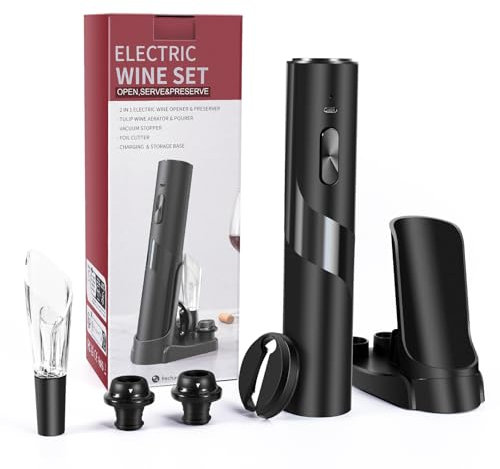 SOPPY Rechargeable Electric Wine Opener Gift Set with Electric Vacuum Pump, Charging Station, Foil Cutter, Aerator Pourer and 2 Vacuum Stopper