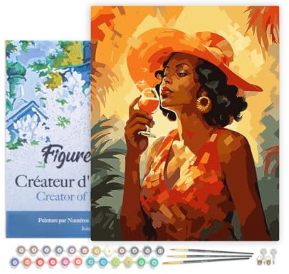 Figured'Art Peinture par Numéro Adulte avec Cadre Femme buvant un verre Art Déco - Activité Manuelle Kit de Loisir Créatif DIY Numéro d'Art Complet - 40x50cm toile tendue sur châssis