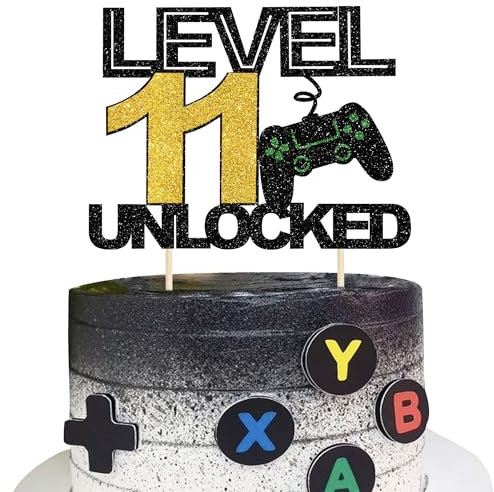 SYKYCTCY 1 Pack 11 Video Game Cake Topper Glitter Gaming Level Unlocked 11th Birthday Cake Pick Game On Controllers Cake Decoration for Boys Girls 11th Birthday Anniversary Party Decoration Supplies