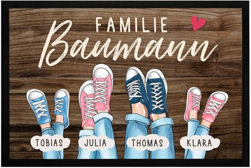 SpecialMe® Fußmatte Personalisiert Familie bis zu 4 Kinder Aufdruck Turnschuhe Farben anpassbar rutschfest & waschbar schwarz 60x40cm