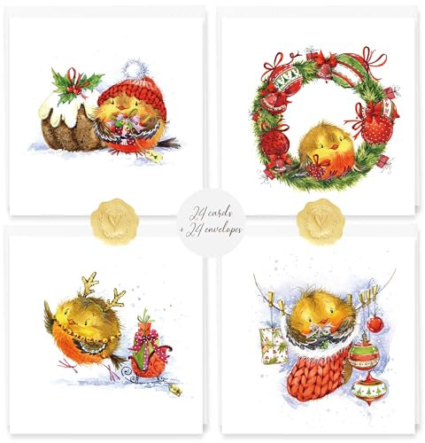 Weihnachtskarten mit Umschlag Set 24 Stück - Rotkehlchen Weihnachtskarten - Kleine Weihnachtskarten Klappkarten A6 Christmas Cards Set – Karten Weihnachten Grußkarten für Kinder Weihnachtspostkarte