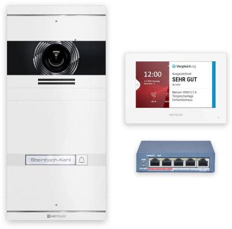 Metzler Video Türsprechanlage mit Kamera, LAN/PoE, Einfamilienhaus, VDM10 | Verkehrsweiß RAL 9016, 1 Innenstation mit 7 Zoll Touchscreen, mit Anschluss für Türöffner, Türklingel 146° mit Nachtsicht